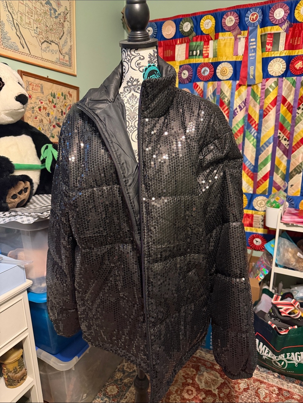 Sequin Black Puffer Jacket - Women